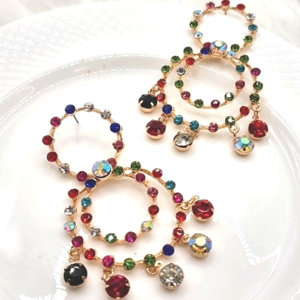 Rainbow Rhinestone Circle Dangle Earrings - image 1